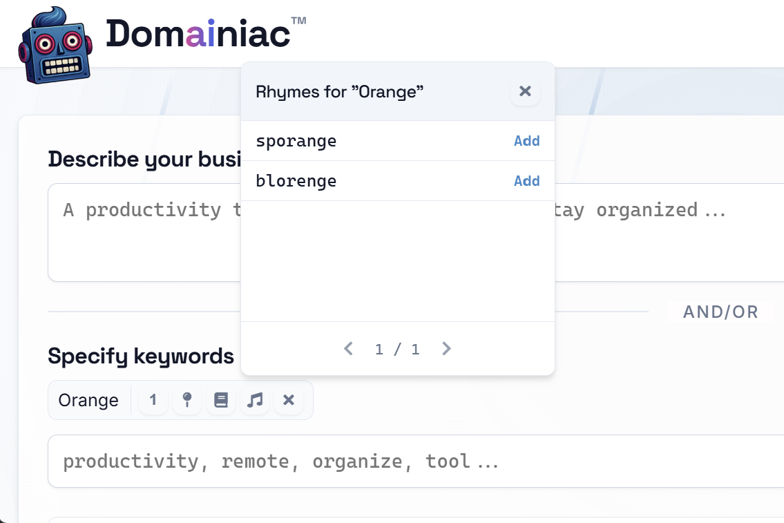 Rhyme lookup feature in Domainiac