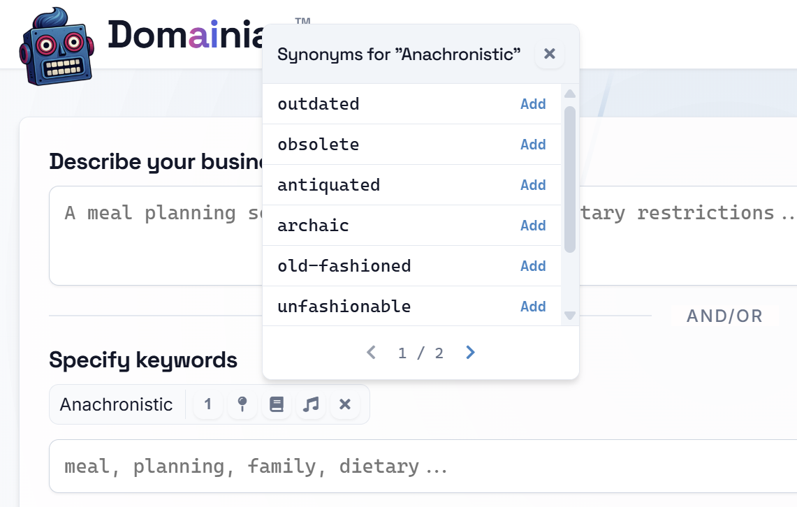 Synonym lookup feature in Domainiac