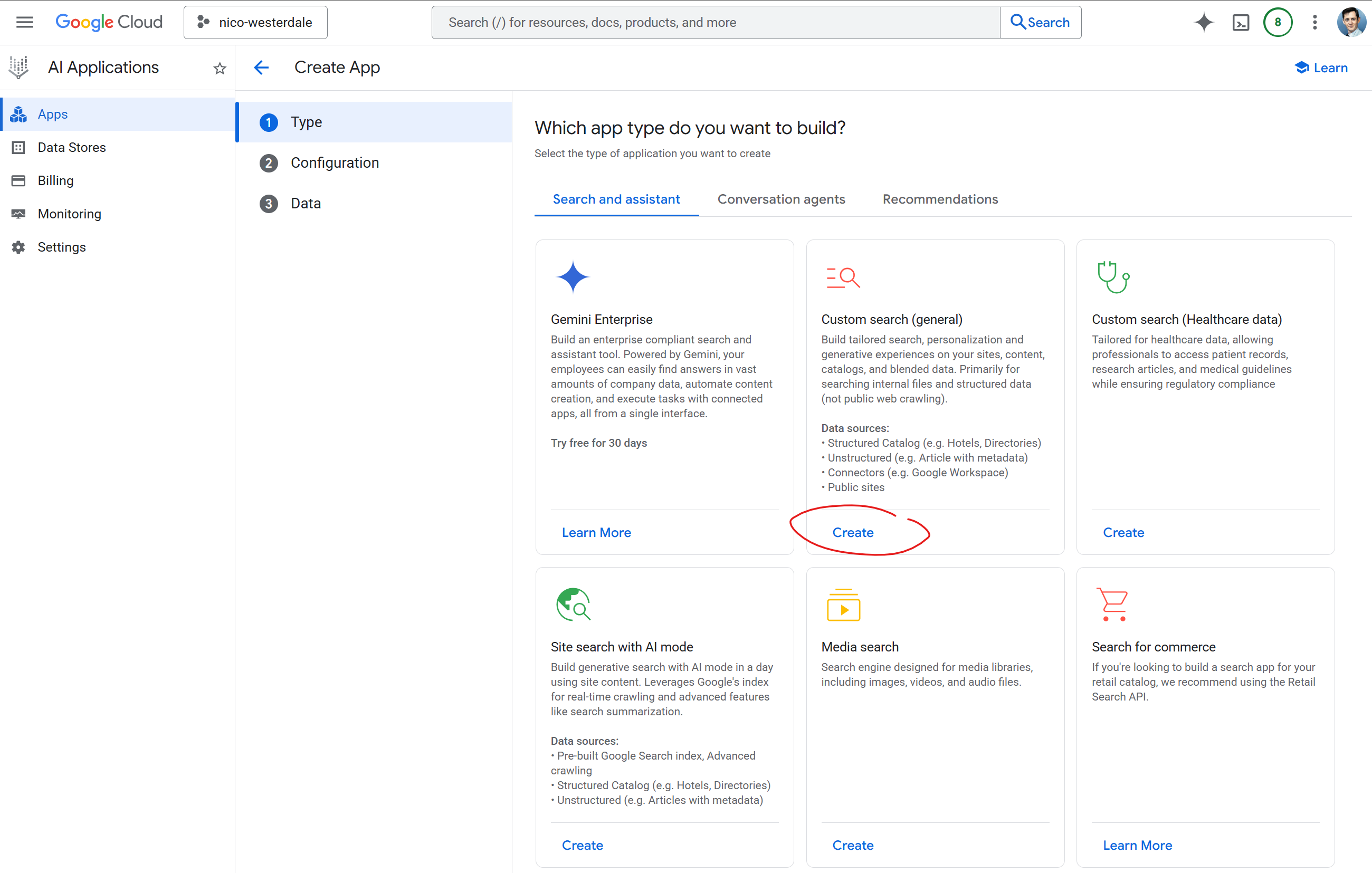 Screenshot of the Vertex AI Search create application screen showing the Custom search (general) option.