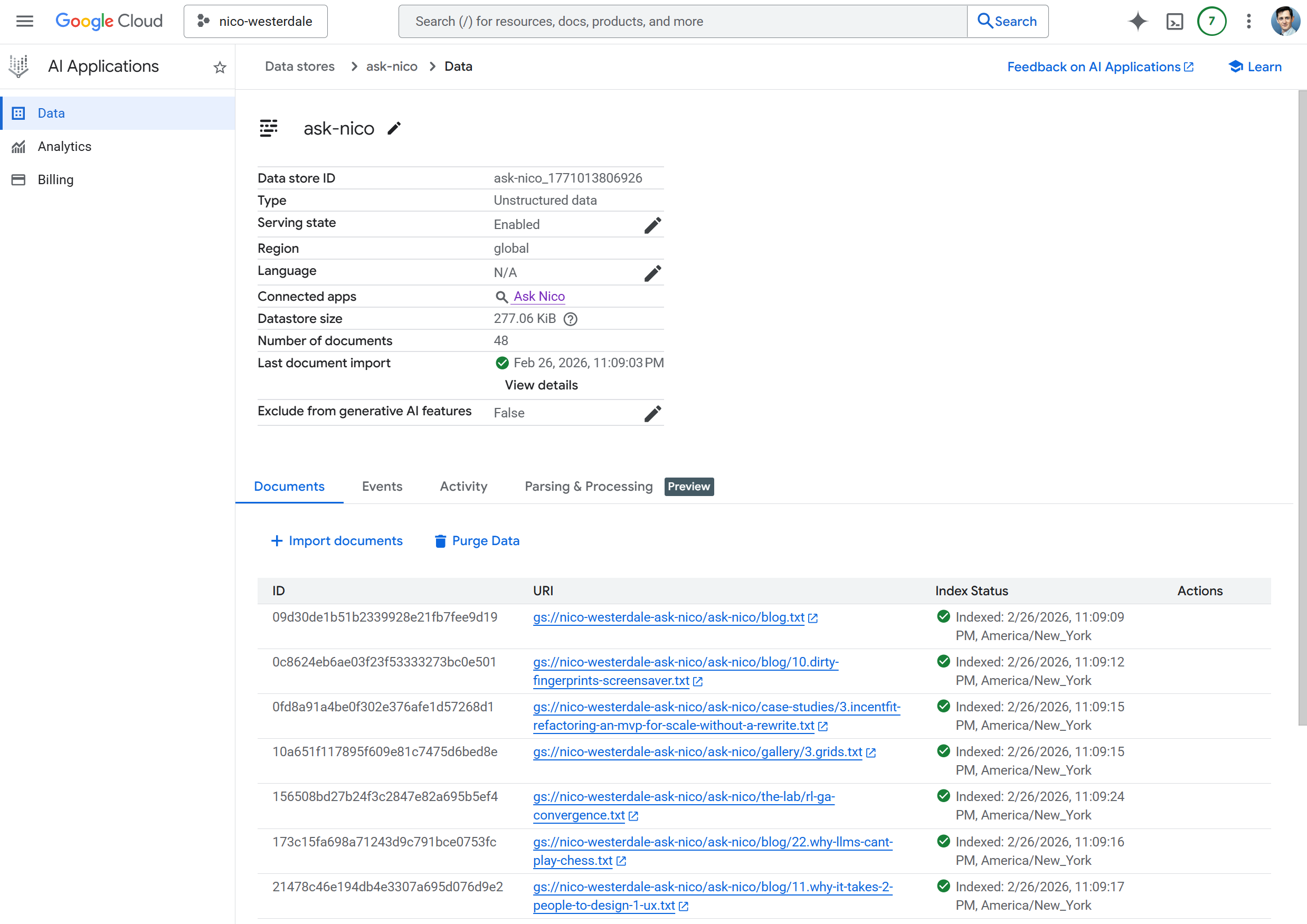 Screenshot of the Vertex AI Search data store after indexing.