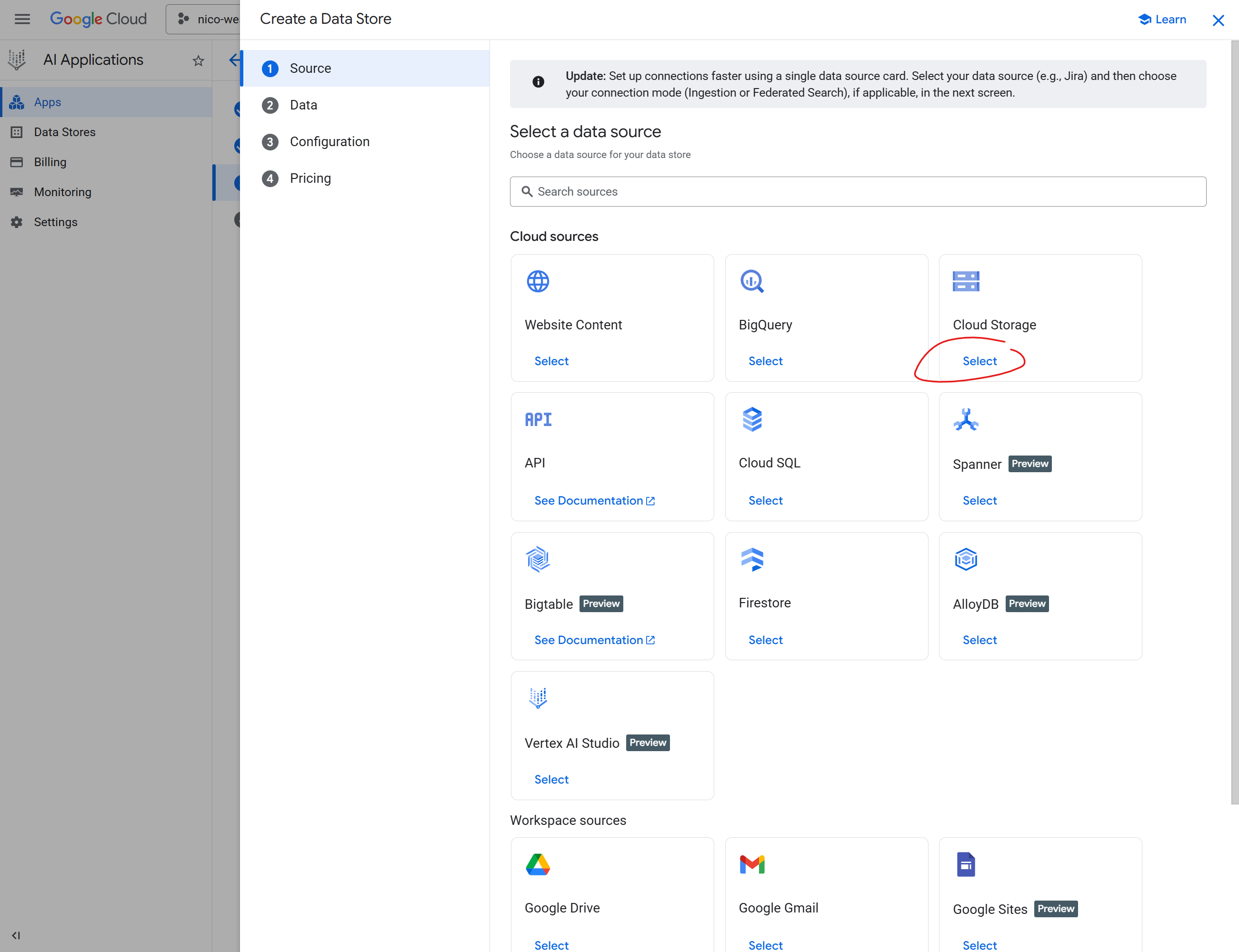 Screenshot of the Vertex AI Search data store selection screen.