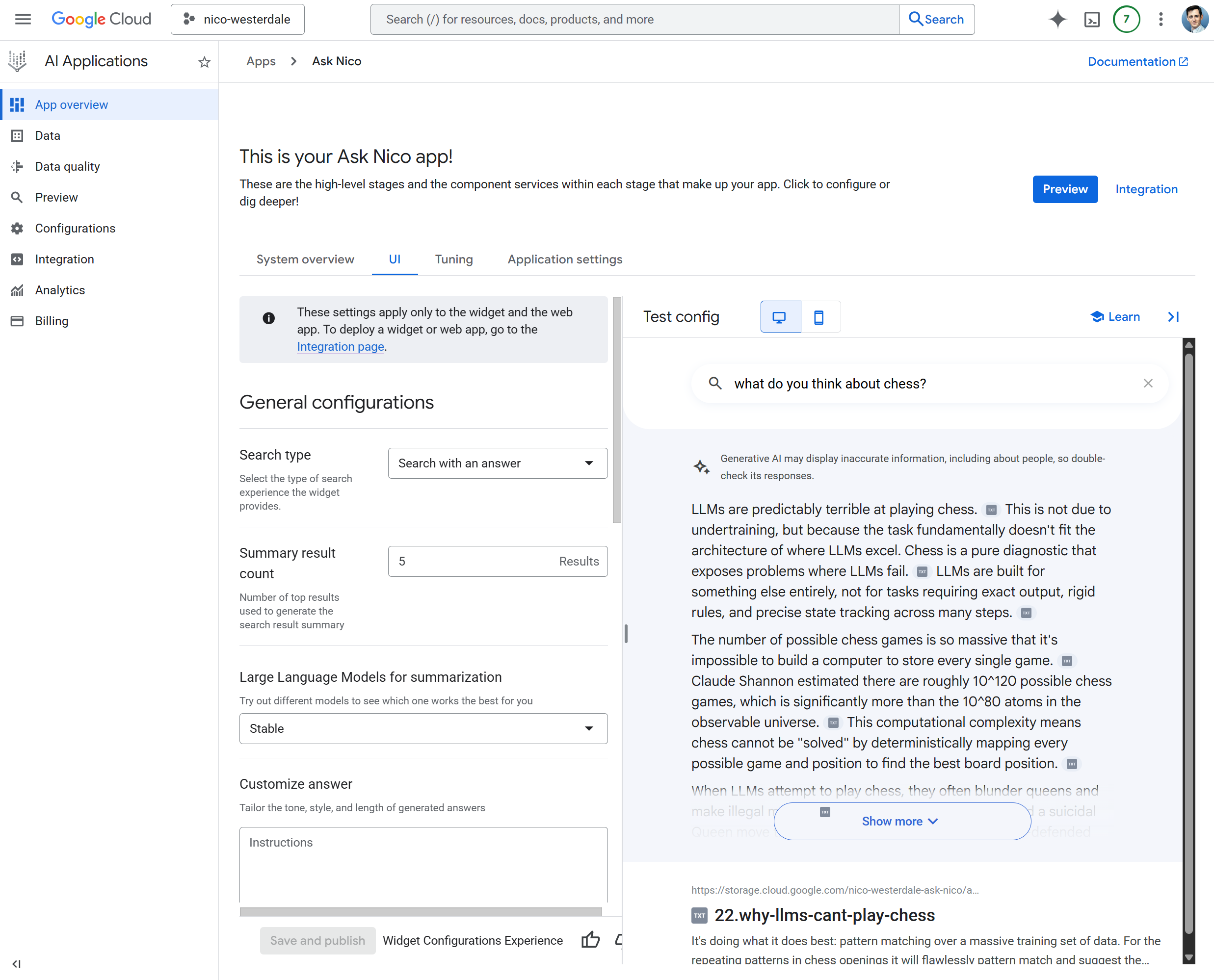 Screenshot of testing the Vertex AI Search chat interface in the GCP console.