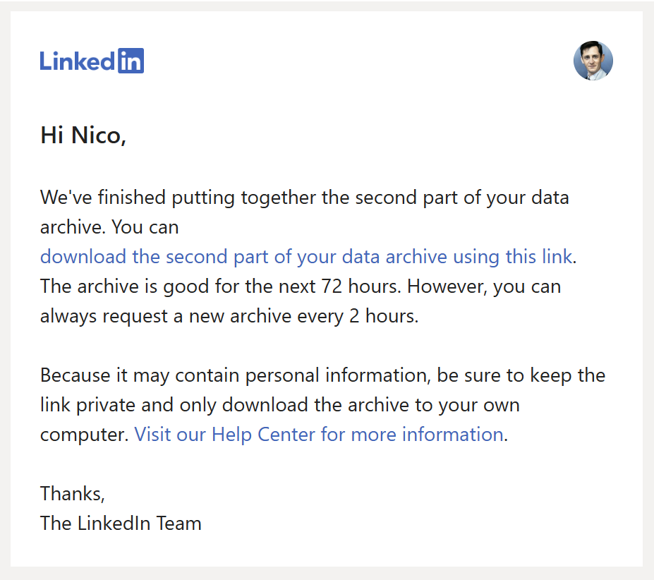 Screenshot of the email from LinkedIn indicating the data archive is ready for download.