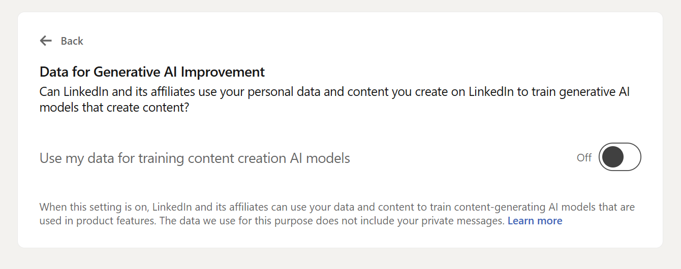Screenshot of the LinkedIn setting to opt-out of data usage for Generative AI Improvement.