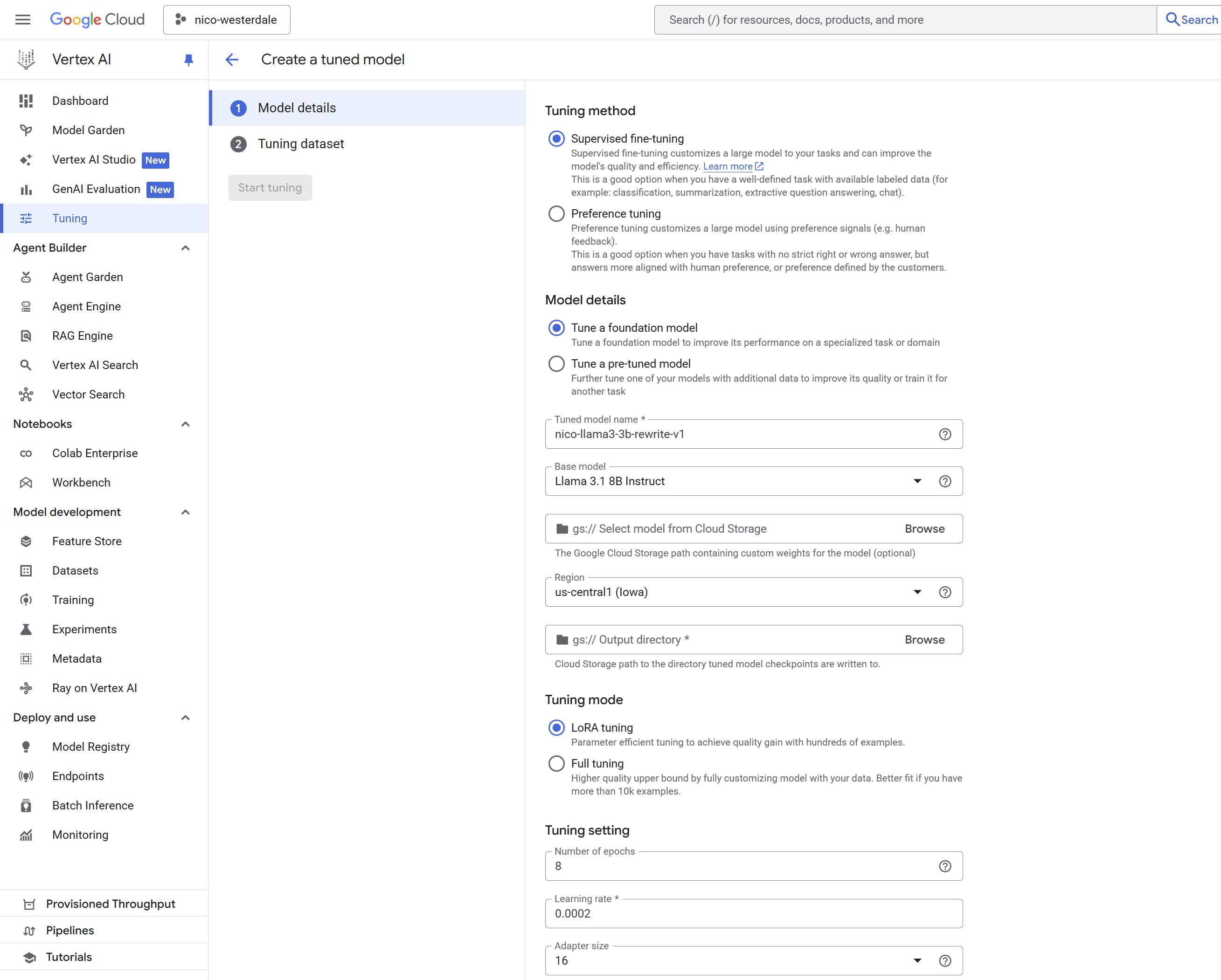 Screenshot of the Vertex AI interface for creating a tuned model, showing the selection of Llama 3.2 8B and other tuning settings.