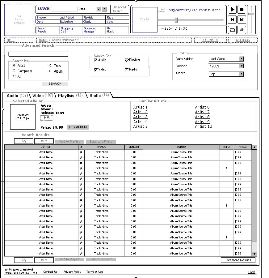 MusicNet Wireframe