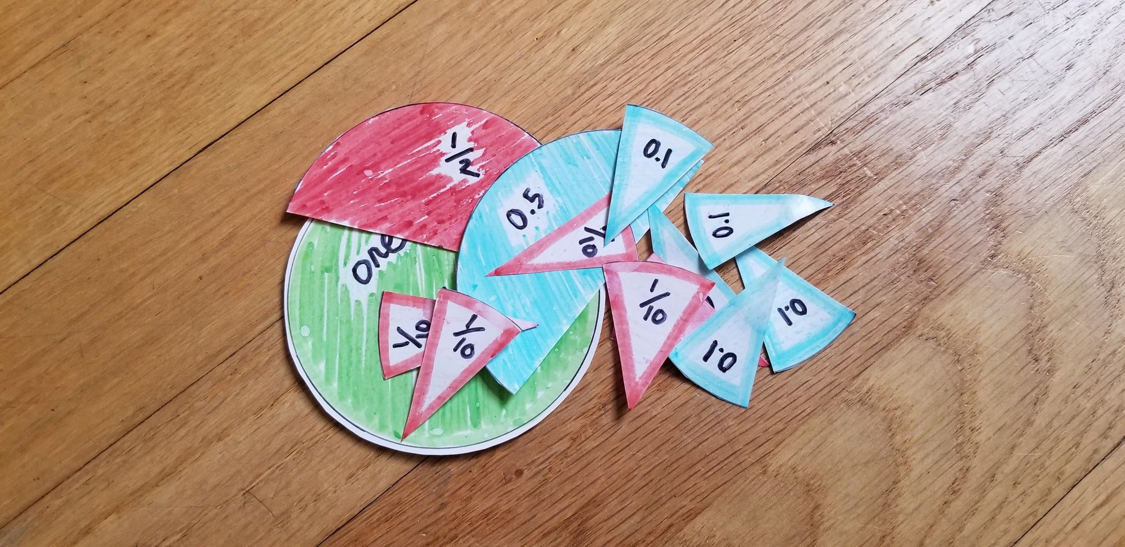 Final solution showing circle segments arranged to demonstrate ½ = 0.5